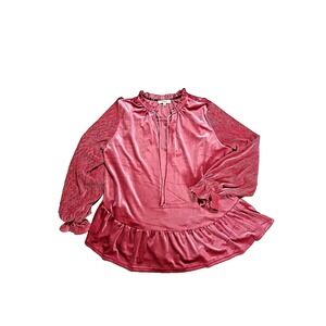 Umgee Women's Pink Top Size XL Velveteen Long Sleeve V Neck Pullover Blouse Boho